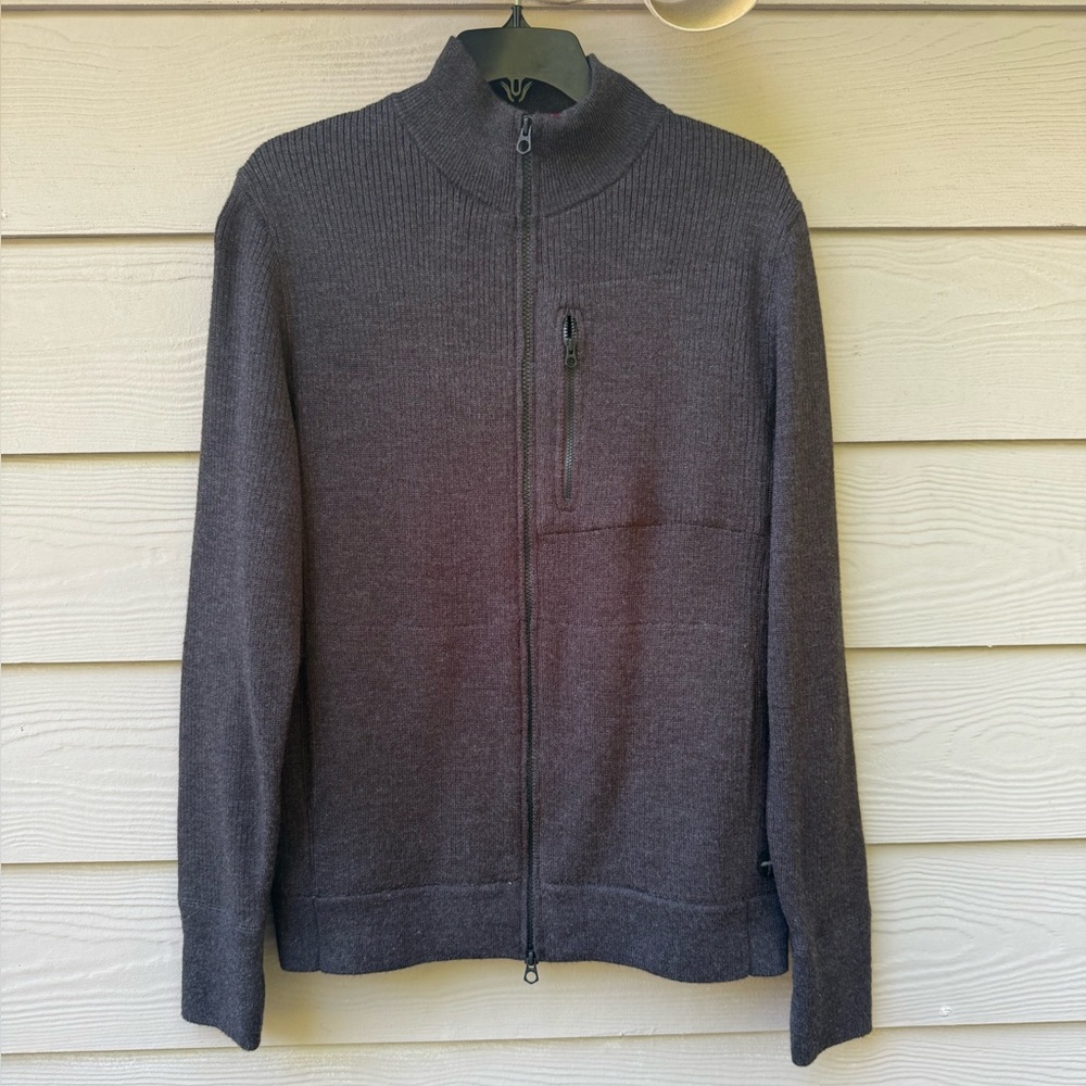 Relwen 50% merino wool and 50% acrylic. Men's Full-Zip Sweater